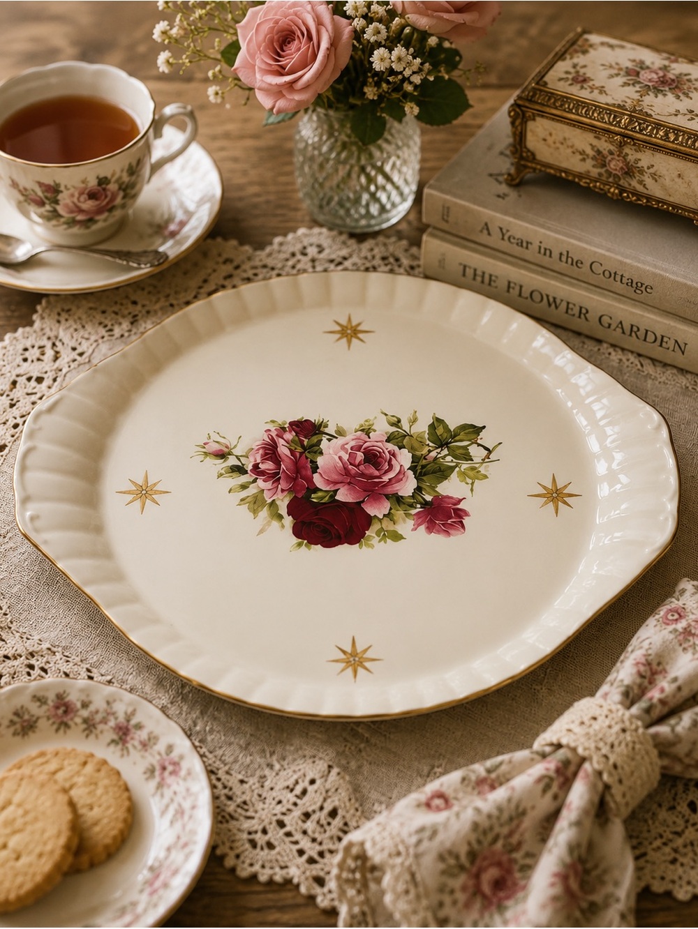 Vintage Victorian Rose Small Serving Platter Tray Gold Trim Porcelain Vintage